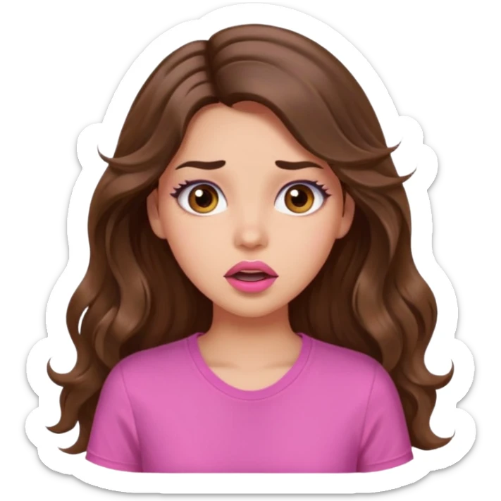 girl with long wavy brown hair, brown eyes, light to medium complexion, in a pink shirt, pink lips, long lashes, surprised, wow sticker