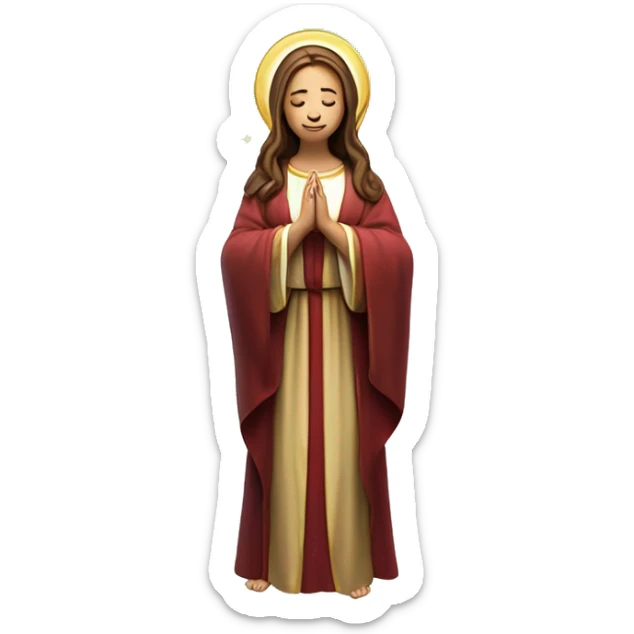 Virgin Mary: kind face looking down at the left, long brown hair, Wearing an emerald green  robe with gold stars and a burgundy red dress,  Hands in prayer or blessing. Halo around her head. standing on a crescent moon.  sticker