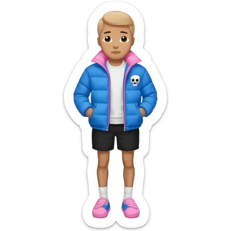 A skeleton with a white shirt blue puffer black shorts and pink slippers sticker