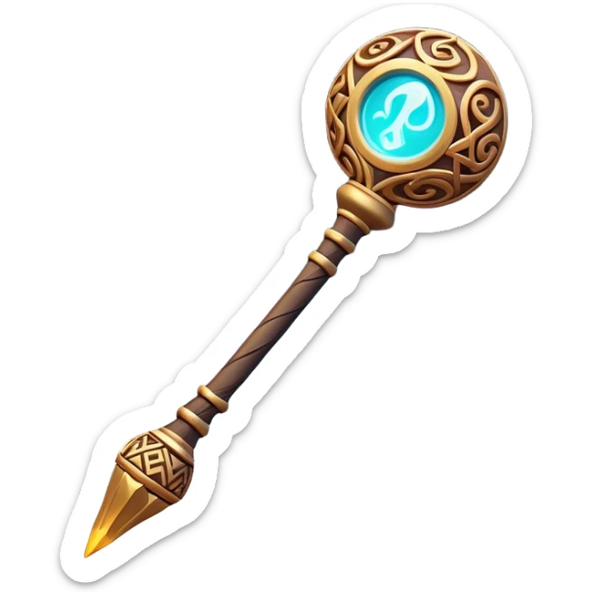 Clash of Clans aesthetic: Cinematic Playful Magic Staff Emoji, rendered in a 3D vector-style similar to standard emojis with minimal shading and bold, simplified shapes. A compact, isometric enchanted staff with intricate runic carvings and a glowing orb at its tip, softly glowing with a mystical arcane charm. Simplified yet unmistakably iconic, highly detailed and consistent, glowing with a soft radiant glow and high shine. Stylized with a touch of legendary sorcery and a soft glowing outline, capturing the essence of a powerful magic staff with a friendly, playful vibe! sticker