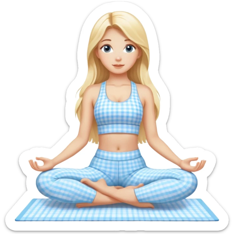 girl with long blonde hair in light blue gingham yoga set sticker