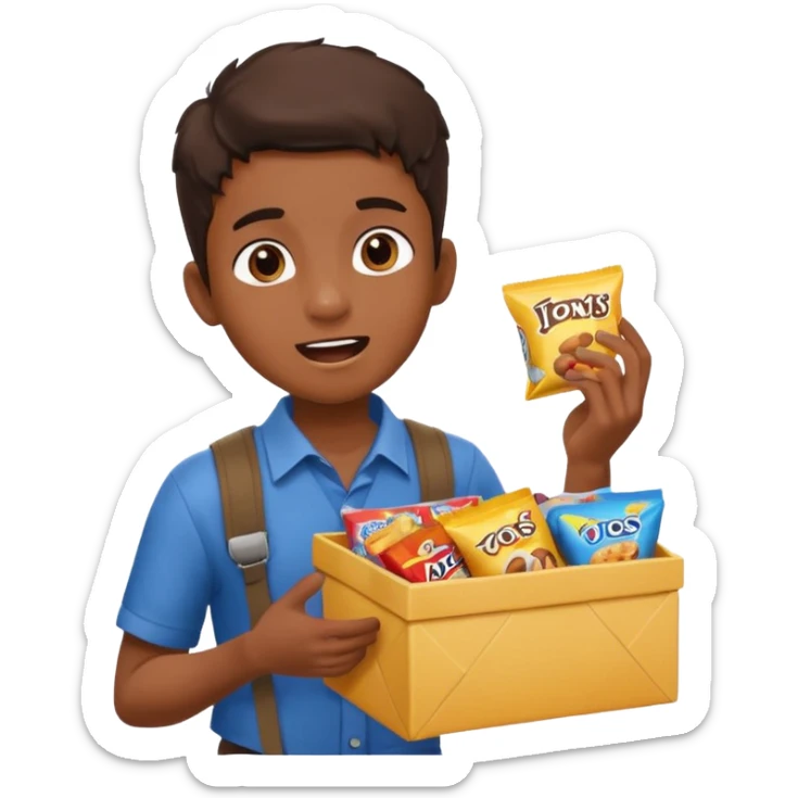 A young vendor boy with a snacks box strapped to his chest, calling out loudly. sticker