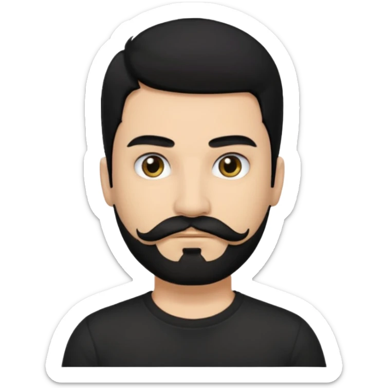 Man, hispanic skin, black hair, black beard, black mustache black eyes black t shirt, small nose, long emo hair sticker