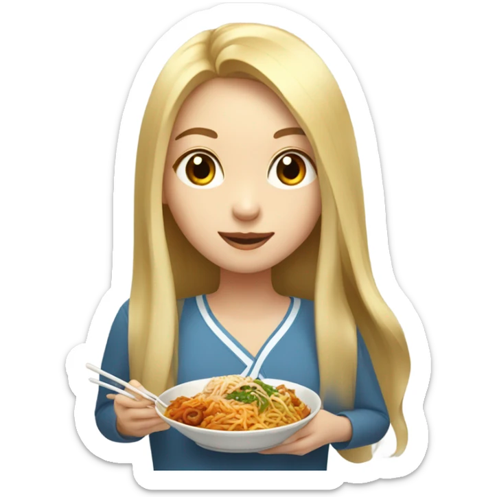  Blonde long hair girl eating Korean food sticker