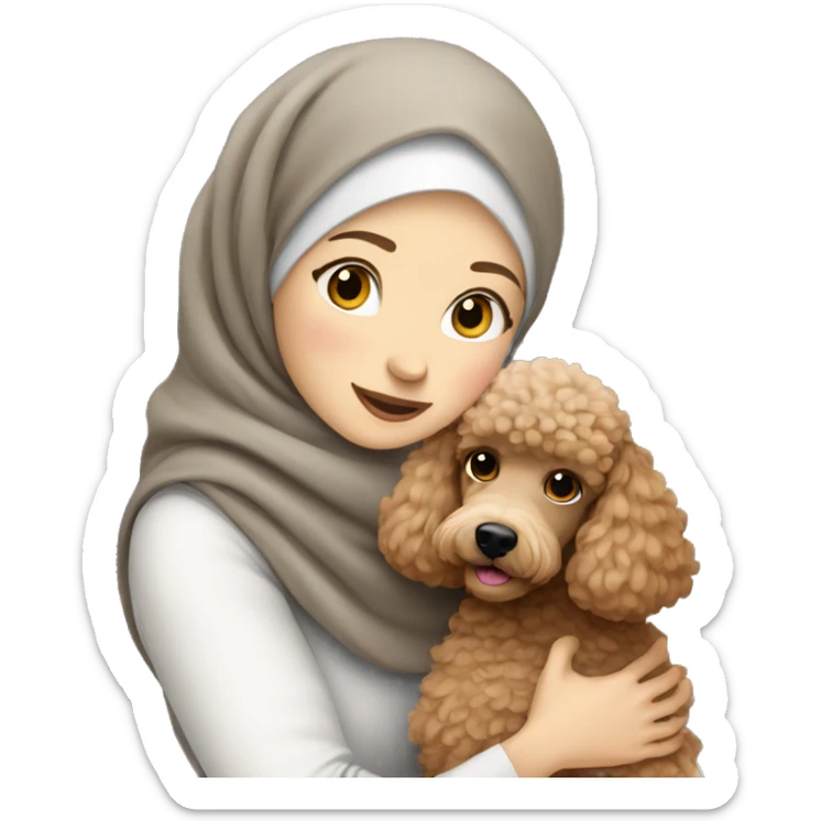 pretty white skin woman with gray hijab hugging a light brown poodle sticker