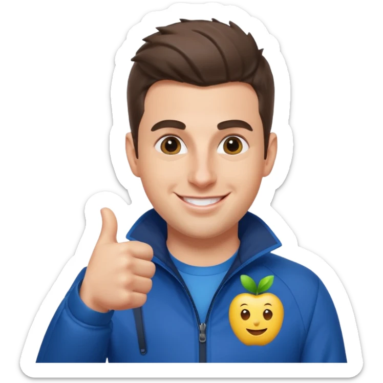Brian Chesky as an apple-style emoji, smiling, giving a thumbs up, wearing blue jacket sticker