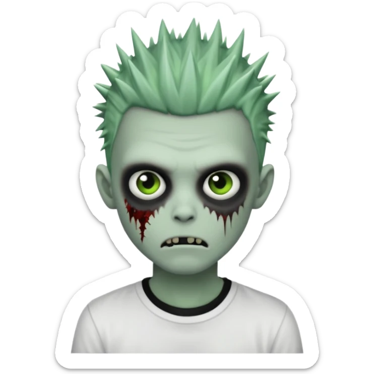 zombie boy with spiky black emo hair, pale green skin, white shirt sticker