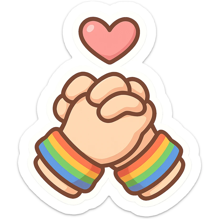 chibi sticker-style pair of clasped hands with a heart and rainbow bracelets, cute and exaggerated sticker