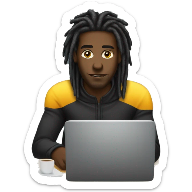 Black-guy-with-dreads-wearing-black-trackstuit-sitting-down-on-chair facing-foward-focused-on-laptop-computer- sticker