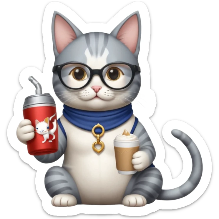 6 cats: viking cat, crusade templary knight cat, fairy cat with a sugar cube, cat drinking a redbull can while holding a gym halter, a cat wearing rounded glasses and drinking coffee, and a cat that is mysterious and enigmatic sticker