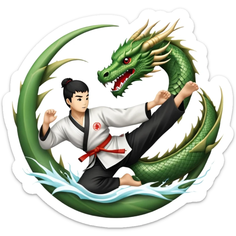 An icon symbolizing Eastern martial arts in the style of an emblem, featuring a black-and-white Yin-Yang symbol at the center and a powerful dragon wrapping around it. A martial artist is performing a fluid kick, surrounded by elements like a dojo and bamboo. Transparent background sticker