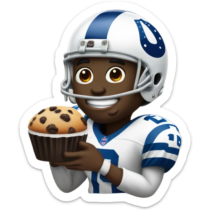 Black man with Colts football helmet eating a chocolate chip muffin sticker