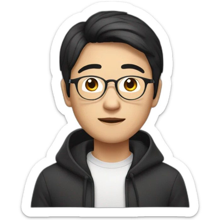A mature Chinese boy with black hair and circle-shaped eyeglasses wearing black hoodie sticker
