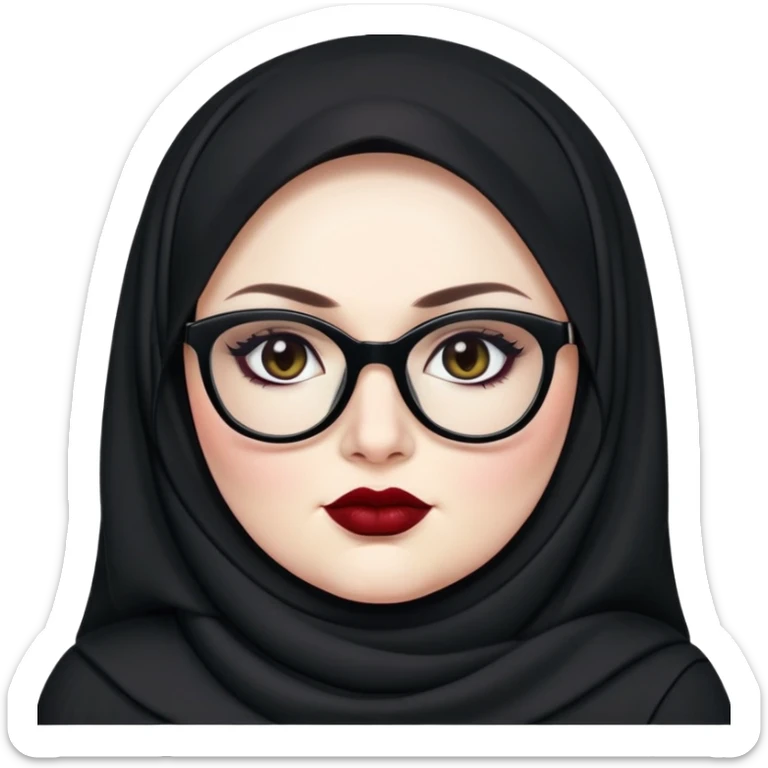 big plus size, pale skin, black hijab, baddie,pretty, makeup, dark red lipgloss, black eyeliner, long hair, black shirt, black glasses sticker