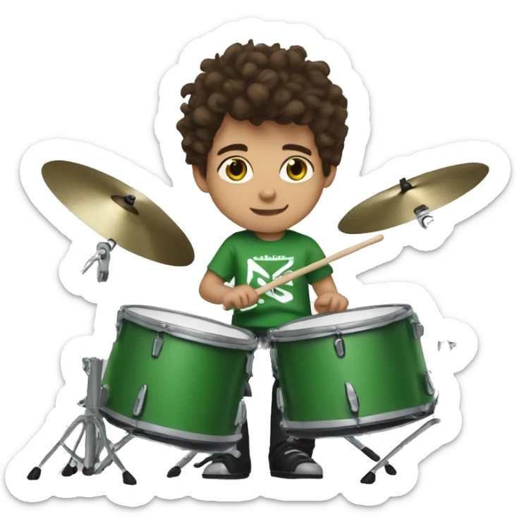 Kid with brown hair playing drums wearing a green day shirt sticker