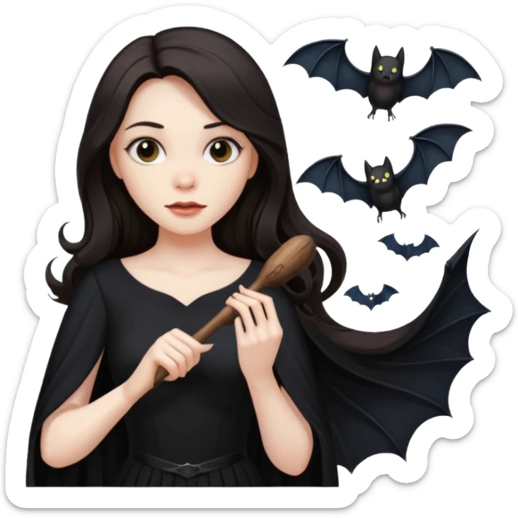 woman with long dark hair with a bat flying nearby sticker