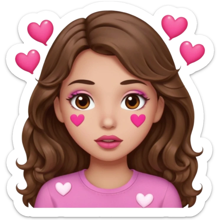 girl with long wavy brown hair, brown eyes, light to medium complexion, in a pink shirt, pink lips, long lashes, puckering lips kissing, blushing with hearts sticker