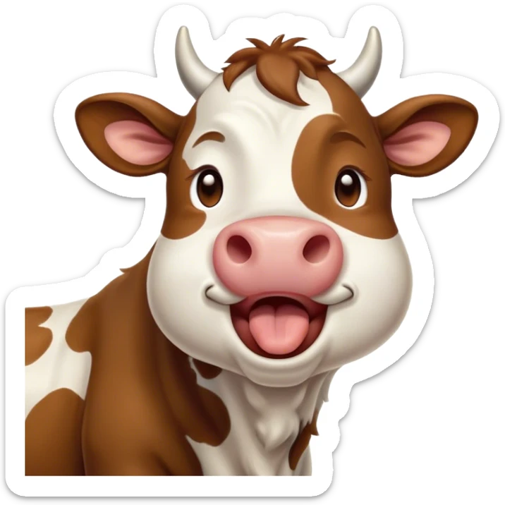 Cinematic Cute Yawning Brown and White Cow Portrait Emoji, Head tilted slightly with a dramatic, wide-open yawn, showcasing a smooth, patterned hide of brown and white, floppy ears slightly drooping, round brown eyes barely open in drowsy contentment, Simplified yet irresistibly adorable features, highly detailed, glowing with a soft, cozy glow, high shine, relaxed yet expressive, stylized with a touch of pastoral whimsy, bright and endearing, soft glowing outline, capturing the essence of a sleepy yet affectionate cow, so drowsy it feels like it could amble out of the screen and curl up for a nap! sticker
