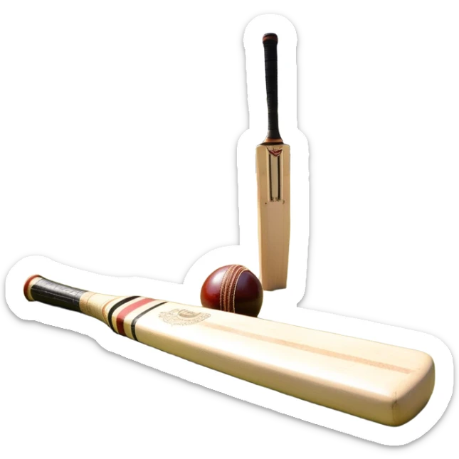 A cricket bat and ball resting on a well-manicured pitch, with the stumps and bails in the background. The scene emphasizes the traditional elements of the game, with the bat poised for a shot and the field reflecting a calm, competitive atmosphere. sticker