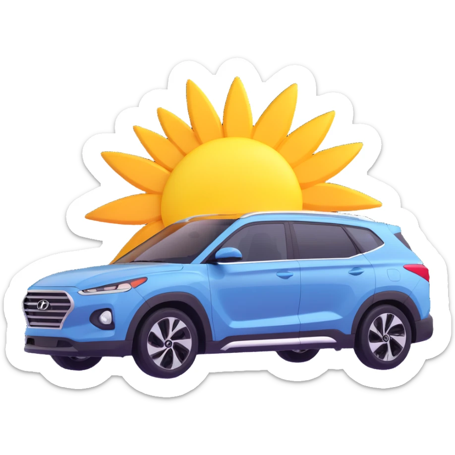 Hyundai INSTER car with open sunroof, sun rays shining through the opening, modern design, 3D emoji style sticker