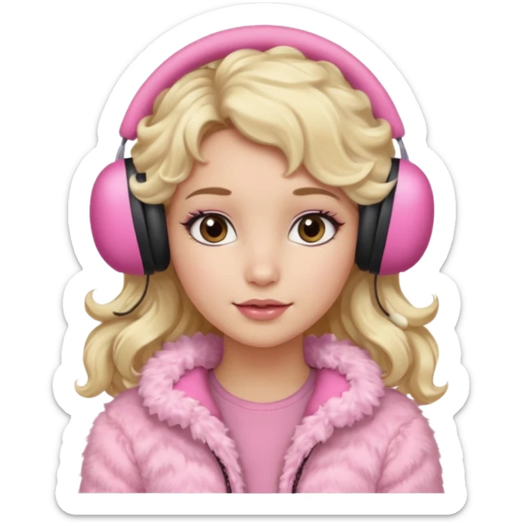 Mädchen mit blondem welligem langem langem Haar und rosanen top und rosa kuschelige Ohrenschützer für den Winter und latina make up sticker