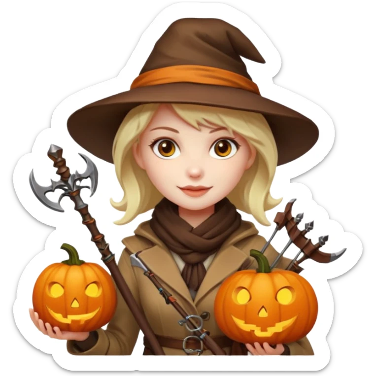 female human monster hunter emoji, wearing brown coat and hat, holding crossbow, soft smile, scarf, glowing pumpkin by her side, Halloween fantasy style, clean vector Apple emoji look, bright colors, white background, square sticker