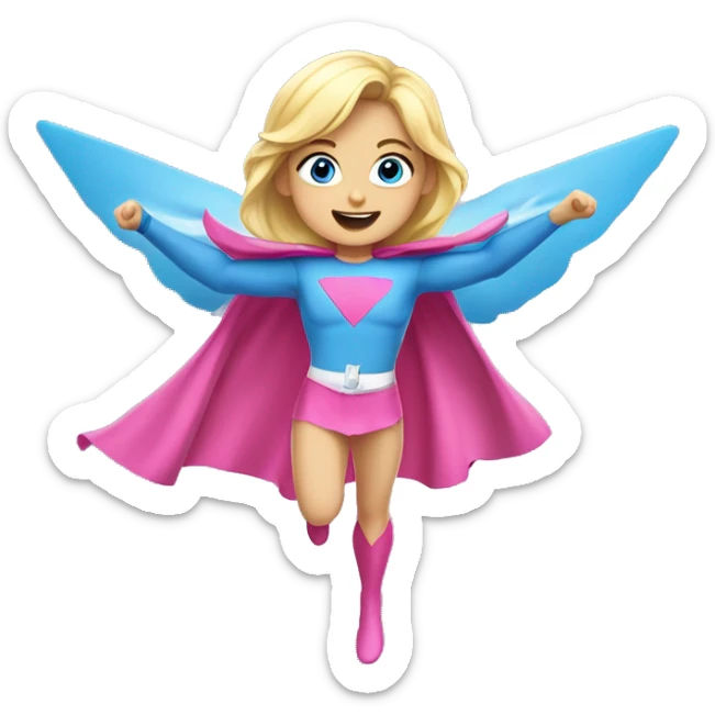 young blonde girl, blue eyes, wearing pink superhero costume, flying with both arms up sticker