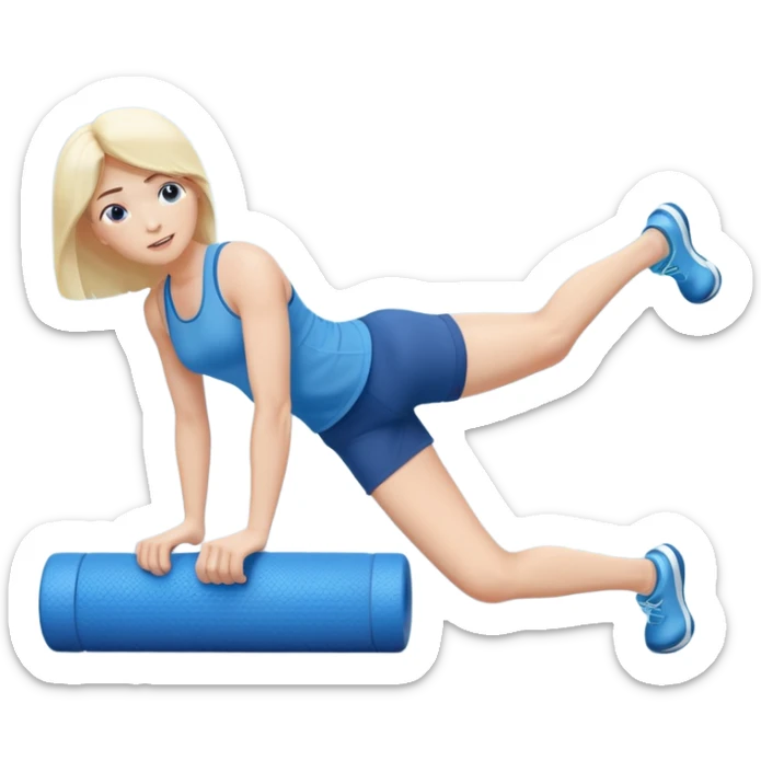 “A realistic emoji of a person using a foam roller on their legs, showing muscle relaxation and stretching, with calm blue tones and a focused expression.” sticker