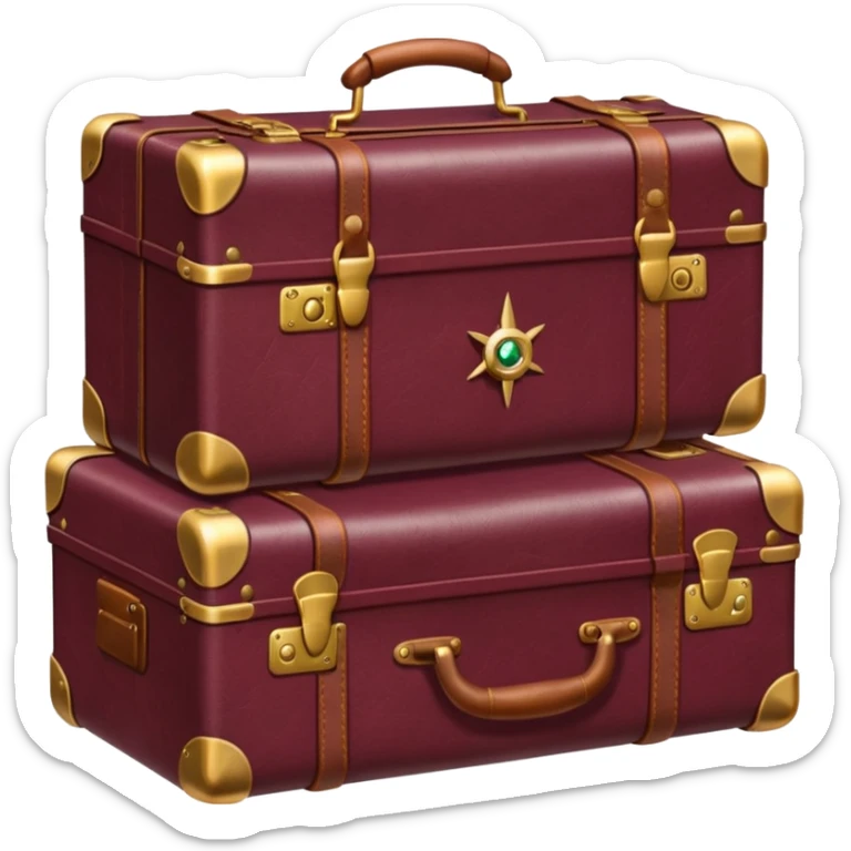 burgundy travel suitcase with multi-colored stamps on it and a gold compass sticker