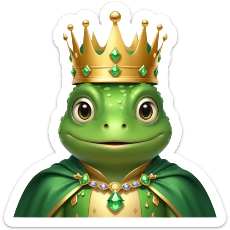 frog king portrait, head and shoulders only, small jeweled crown, royal cape collar, wise friendly eyes, fairy-tale vibe, 3D cartoon, mobile game icon style, clean background, no text, no watermark
 sticker