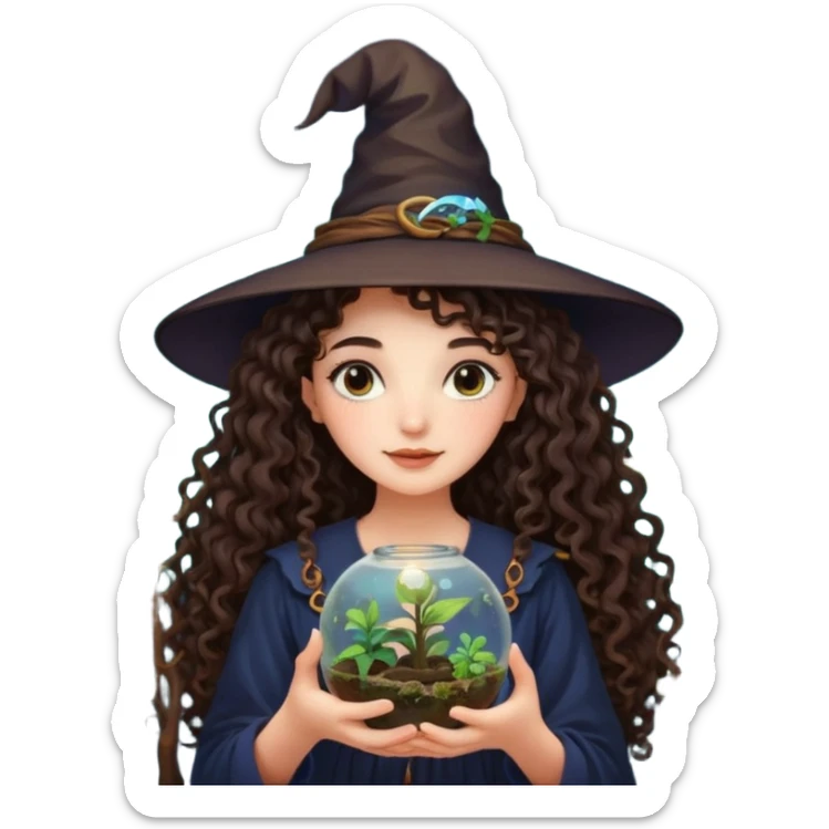 A long curly haired brunette girl with a moon, witch hat, holding a plant terrarium sticker