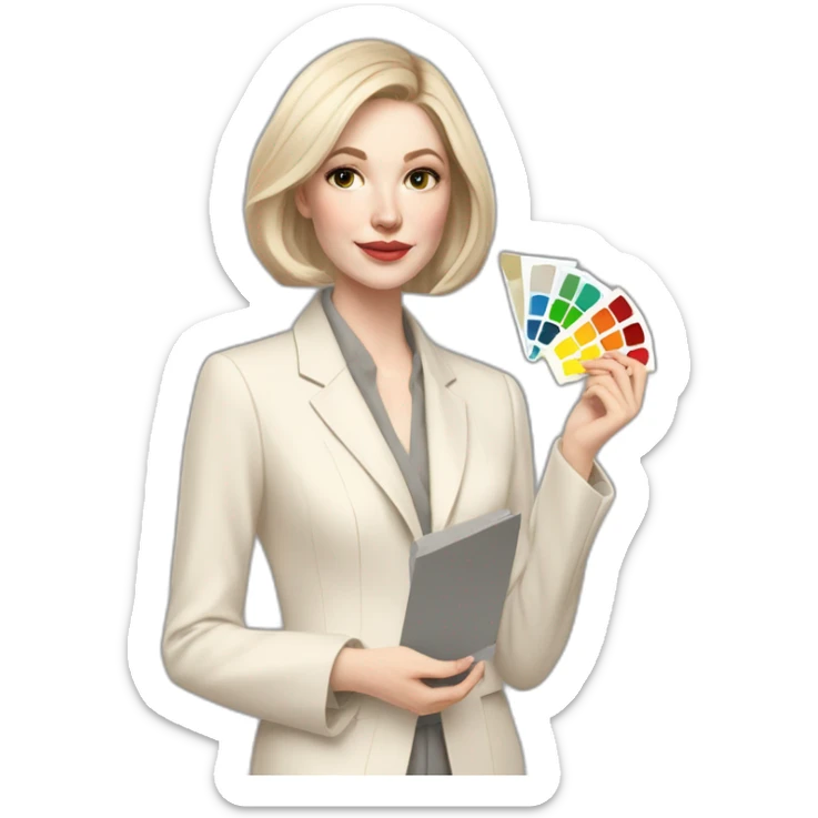 pale skin woman with ash blonde Straightened bob Hair, White Spacious classical jacket, beige palazzo Arrow pants and gray blouse holding a color palette in the hands sticker