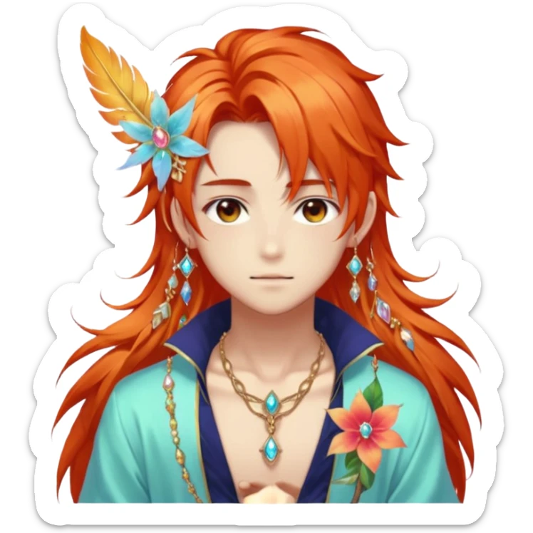 Beautiful gorgeous anime boy with beautiful fiery-special-medium-long-hair, fashion aesthetic, ethereal, fairycore, pastelcore, feather, flower, gems, accessories, jewelries, gold, colorful sticker