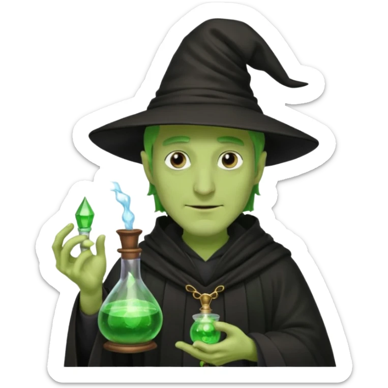 Green-skinned male wizard with a long nose, wearing a black hat and robe, holding a glowing potion bottle sticker