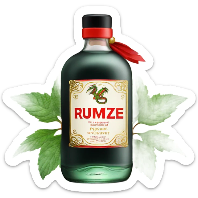 clear bottle of rumpleminze peppermint alcohol with a label that black with red border and font that has a small gold dragon on the label sticker