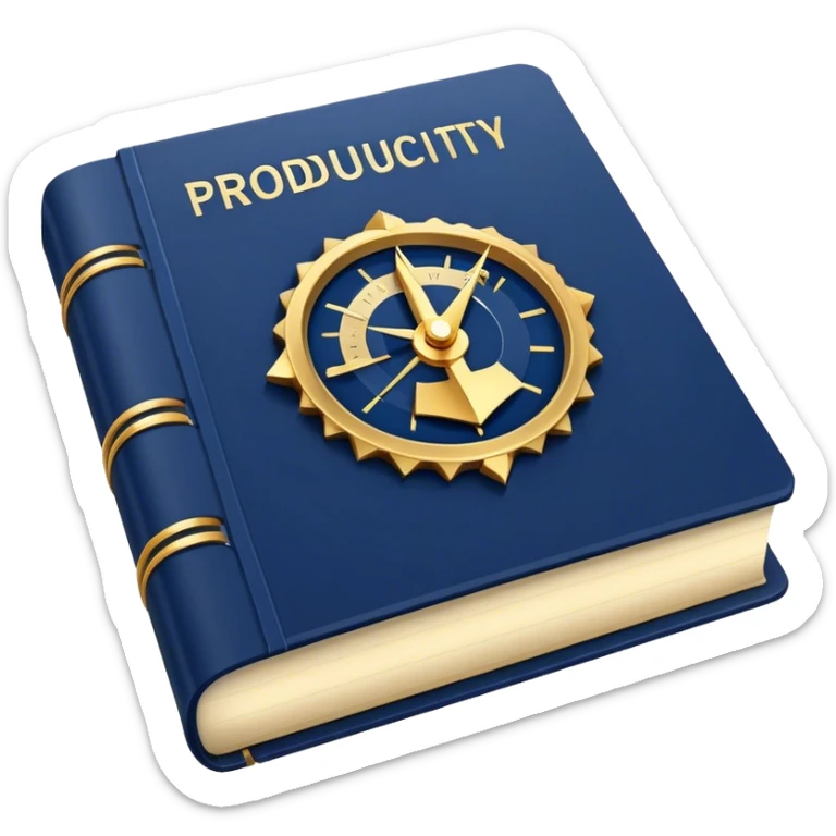 A navy blue productivity book with gold details, chart with upward trend on the cover, radiating productivity, strategy, and success in motion- sticker
