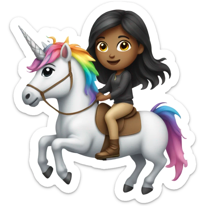 Girl-dark hair-riding-rainbow-unicorn sticker
