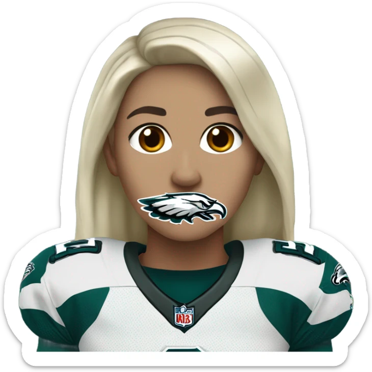 White female long dark hair red lips wearing Philadelphia Eagles jersey sticker