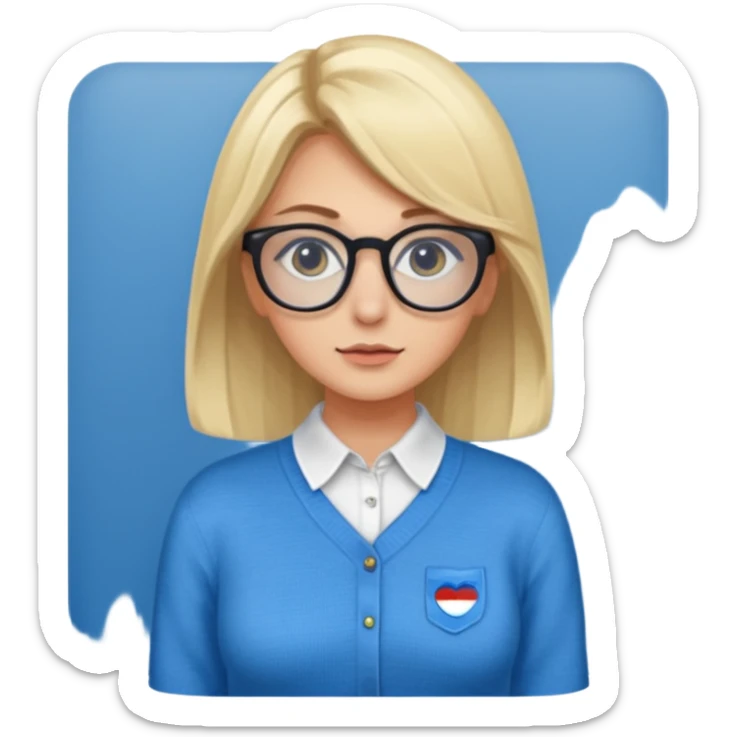 ragazza bionda vestita con camicia e maglione, con occhiali, occhi azzurri che è seduta al pc  sticker