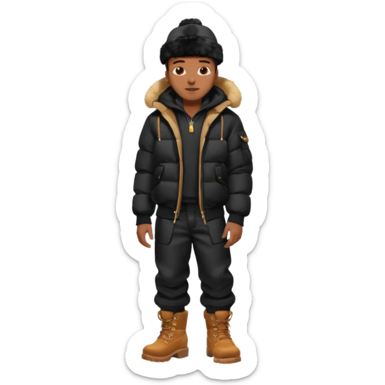 Handsome Black grown man with brown skin tone, wear black joggers, a black bubble coat with a fur brim on the hood, and buckwheat timberland boots sticker