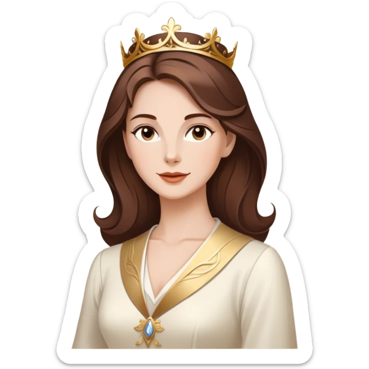 Cinematic Majestic Belle Portrait Emoji, rendered in a clean, vector-style with bold, simplified shapes. Show Belle with a serene, noble expression, fair skin and gracefully styled brown hair, her classic attire refined and understated. The design radiates a majestic, enchanting glow with high shine and a soft glowing outline, embodying royal elegance. sticker