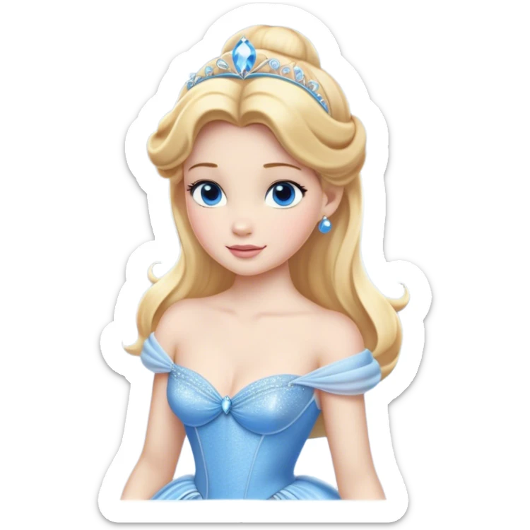 Cinematic Realistic Cute Cinderella Portrait, featuring fair, luminous skin with finely detailed texture and softly lit golden-blonde hair cascading in gentle waves. Her warm, inviting blue eyes sparkle with youthful charm and curiosity, while her classic, elegantly draped ball gown reveals meticulously rendered fabric details and natural folds. The overall composition is bathed in a gentle, realistic radiance that exudes both playfulness and heartfelt beauty. sticker