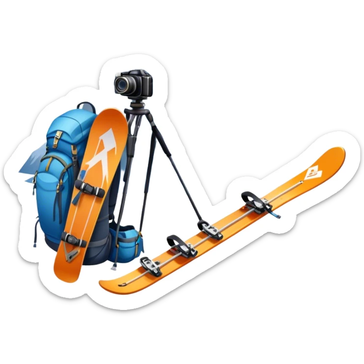 Icon for Mountain Tourism: a distant snow-capped mountain peak with skis, a snowboard, an ice axe, a backpack and a camera. The icon should convey the spirit of adventure and exploration in the mountains. Transparent background. sticker