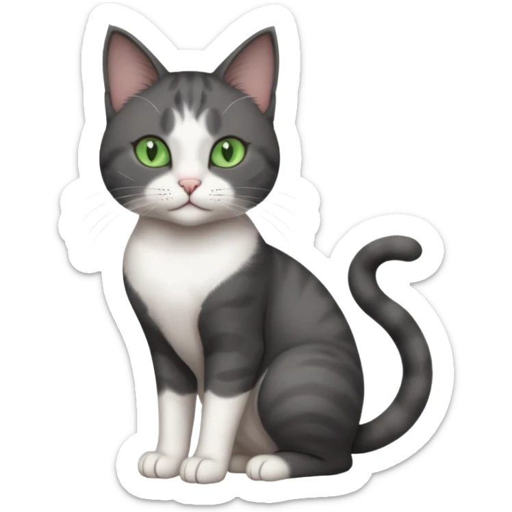 full body view of beautiful female solid dark grey cat with green eyes, white toes/paws and white patch on her chest sticker