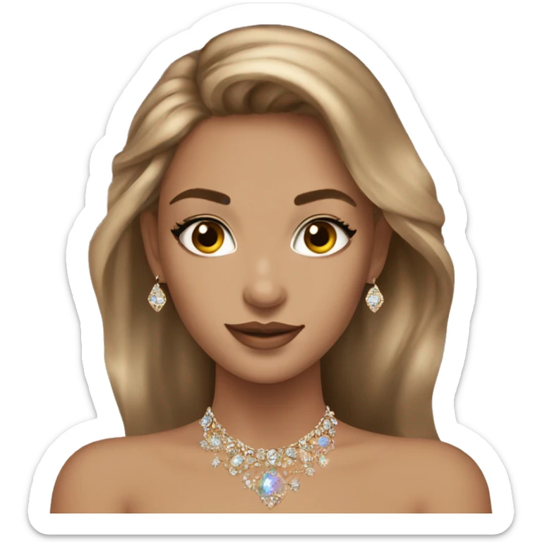 Beautiful model with light brown hair and jewellery on and sparkly top  sticker