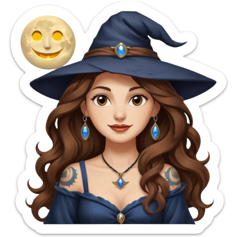 moon witch woman long wavy brown hair tattoos shoulder glance smirk sticker