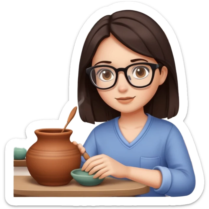 girl with dark brown hair wearing glasses making pottery sticker