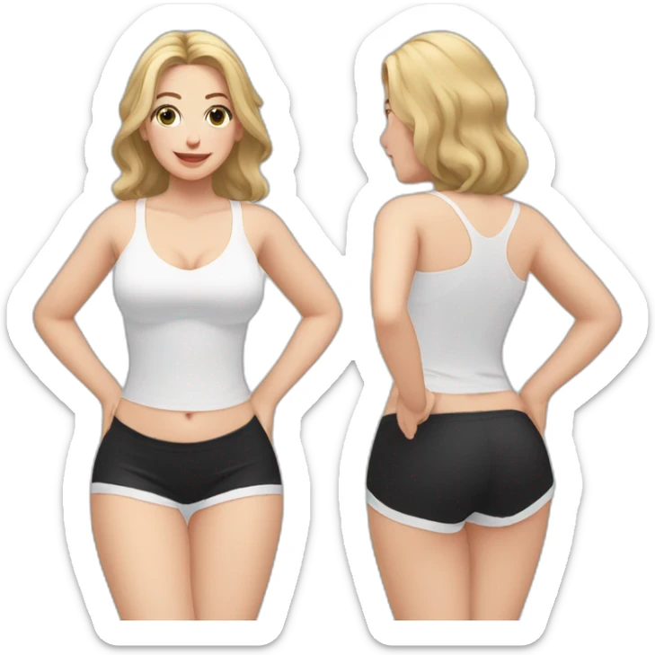 Front view curvy caucasian beauty sitting straight hands up black skirt white knickers white socks sticker