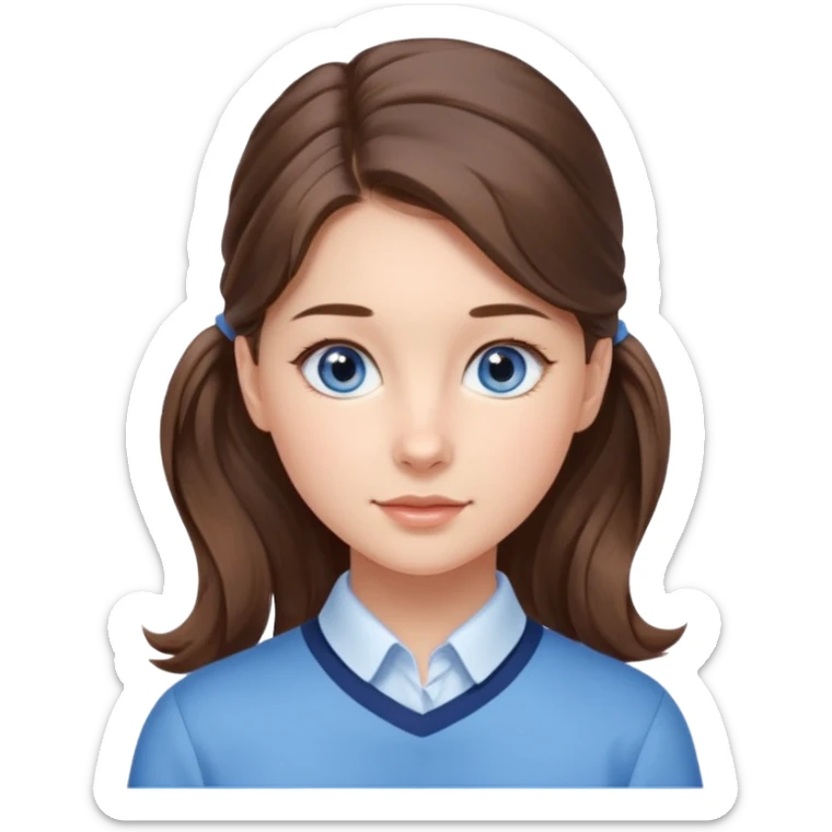 Realistic Student Portrait, with porcelain-like skin featuring a natural rosy flush, illuminated by soft lighting that highlights the gentle contours of her face. Her Brunette pony tail hair flows in soft, Her deep blue eyes radiate warmth and innocence,  wear light blue preppy style. sticker