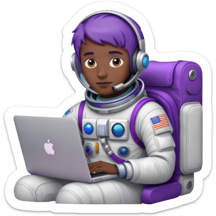 guy astronaut with purple suit, blue eyes, short purple hair and one macbook sticker